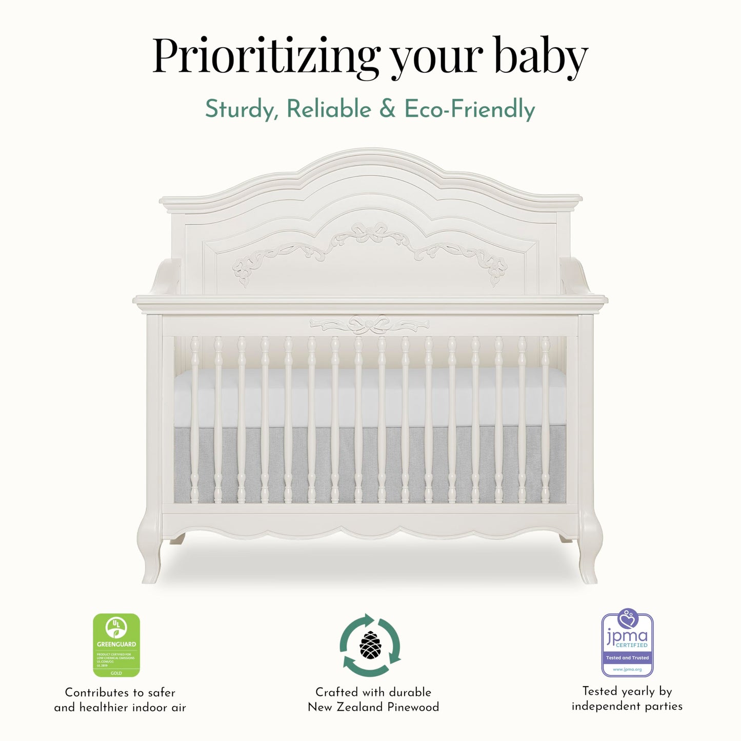 Evolur Aurora 5-in-1 Convertible Crib in Ivory Lace, Greenguard Gold Certified, Features 3 Mattress Height Settings, Sturdy and Spacious Baby Crib, Wooden Furniture