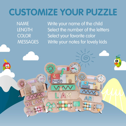 Nabytok Customized Name Puzzle for Toddlers (Fixed I J Letters) Personalized Toddlers Busy Board, Baby Personalized Board for 1-5 Years Old, First Birthday Gift, Montessori Toys (Pastel Girl)
