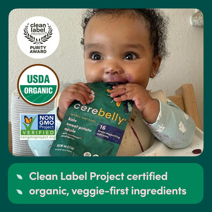 Cerebelly Organic Baby Food Pouches Variety Pack – Organic Veggie Purees for Toddlers | No Added Sugar, Fiber, Non-GMO | Blended Toddler Pouches | 4 Ounce BPA-Free Pouch | 4 Flavors | 8 Count