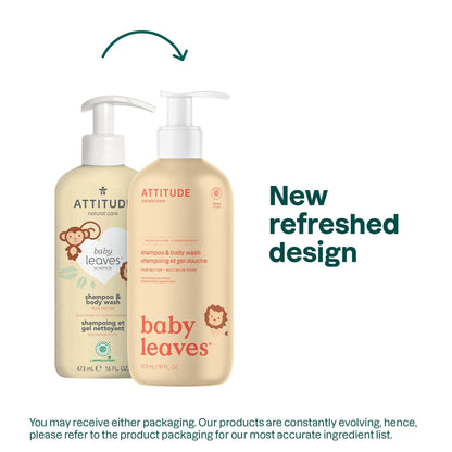 ATTITUDE 2-in-1 Shampoo and Body Wash for Baby, Fragrance-Free EWG Hypoallergenic Plant- and Mineral-Based Ingredients, Vegan and Cruelty-Free, Unscented, 16 Fl Oz