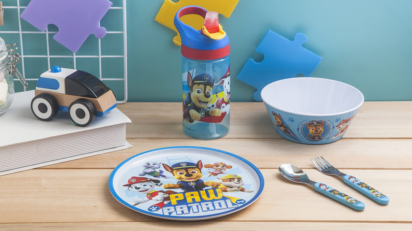 Zak Designs 5-Piece Dinnerware Set, Baby Shark - Durable Plastic & Stainless Steel - Includes Water Bottle, 8-Inch Plate, 6-Inch Bowl, Fork & Spoon - Suitable for Kids Ages 3+