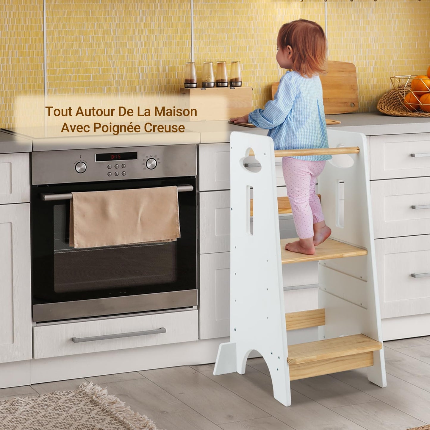 COSYLAND Toddler Standing Tower Adjustable Height - Super Stable Kids Kitchen Stool Helper - 3 Levels Adjustable Wooden Toddler Kitchen Stool (Natural & Navy Blue)