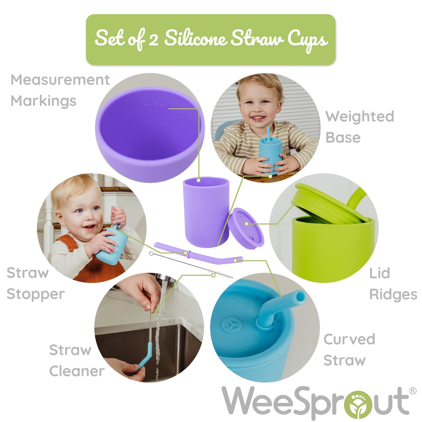 WeeSprout Silicone Baby Cups With Straws and Lids, 4 & 8 oz Options, Set of 2, Food Grade Toddler Training Container, Built In Straw Stoppers, Measurement Markings, Dishwasher Safe + Straw Cleaner