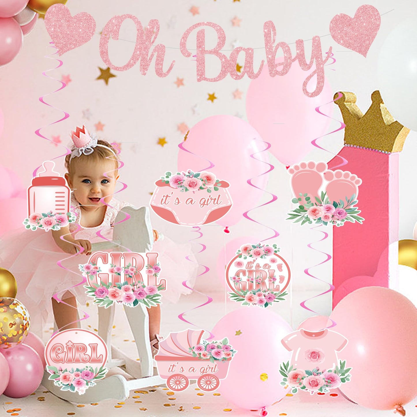 Pre-Strung Baby Shower Banner Oh Baby Sign Rose Gold Glittery Letters | Teddy Bear Gender Reveal Decorations | Baby Sprinkle Decorations for Girl Boy | Baby Gender Reveal Party Decoration Supplies