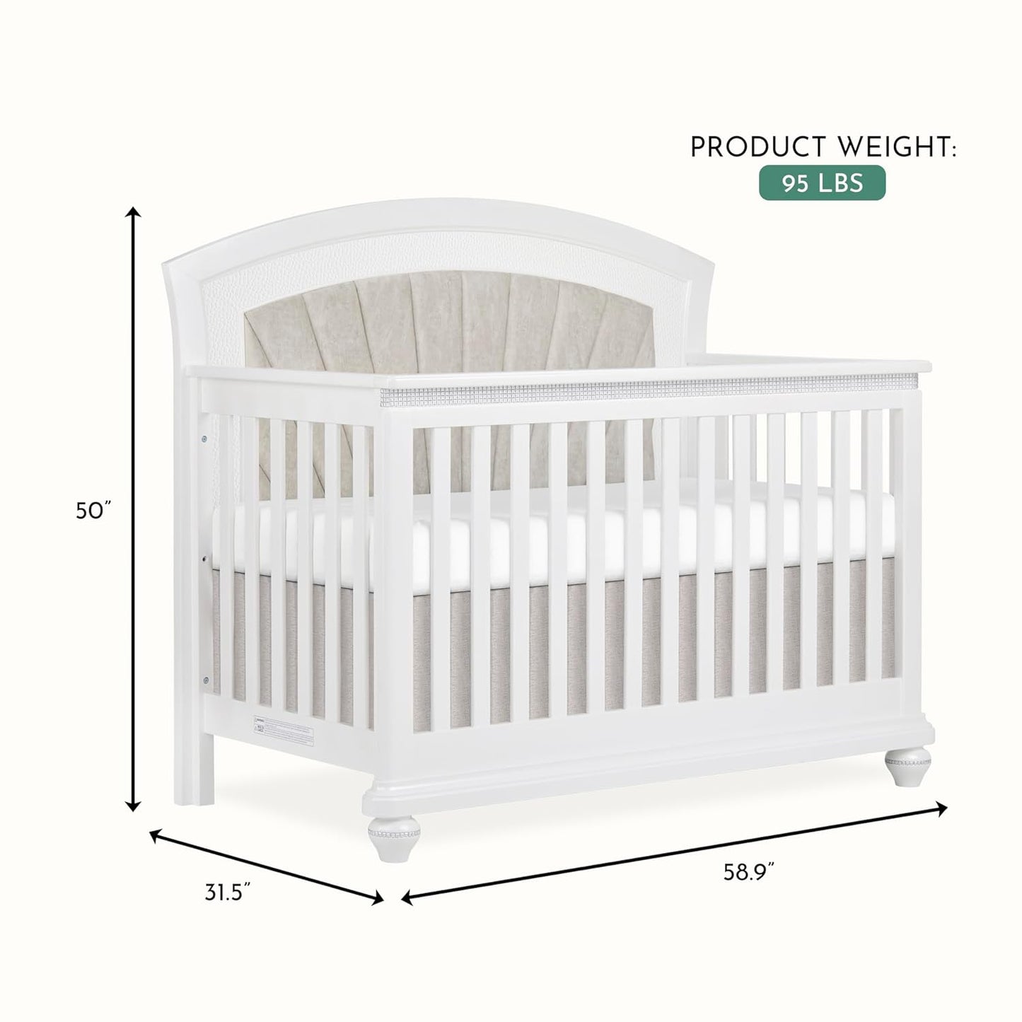 Evolur Nova 5-in-1 Convertible Crib in a Shimmering Stardust Finish, Crafted from Solid Wood, Features a Velvety upholstered headboard and Crystal-Like Accents on The Footboard