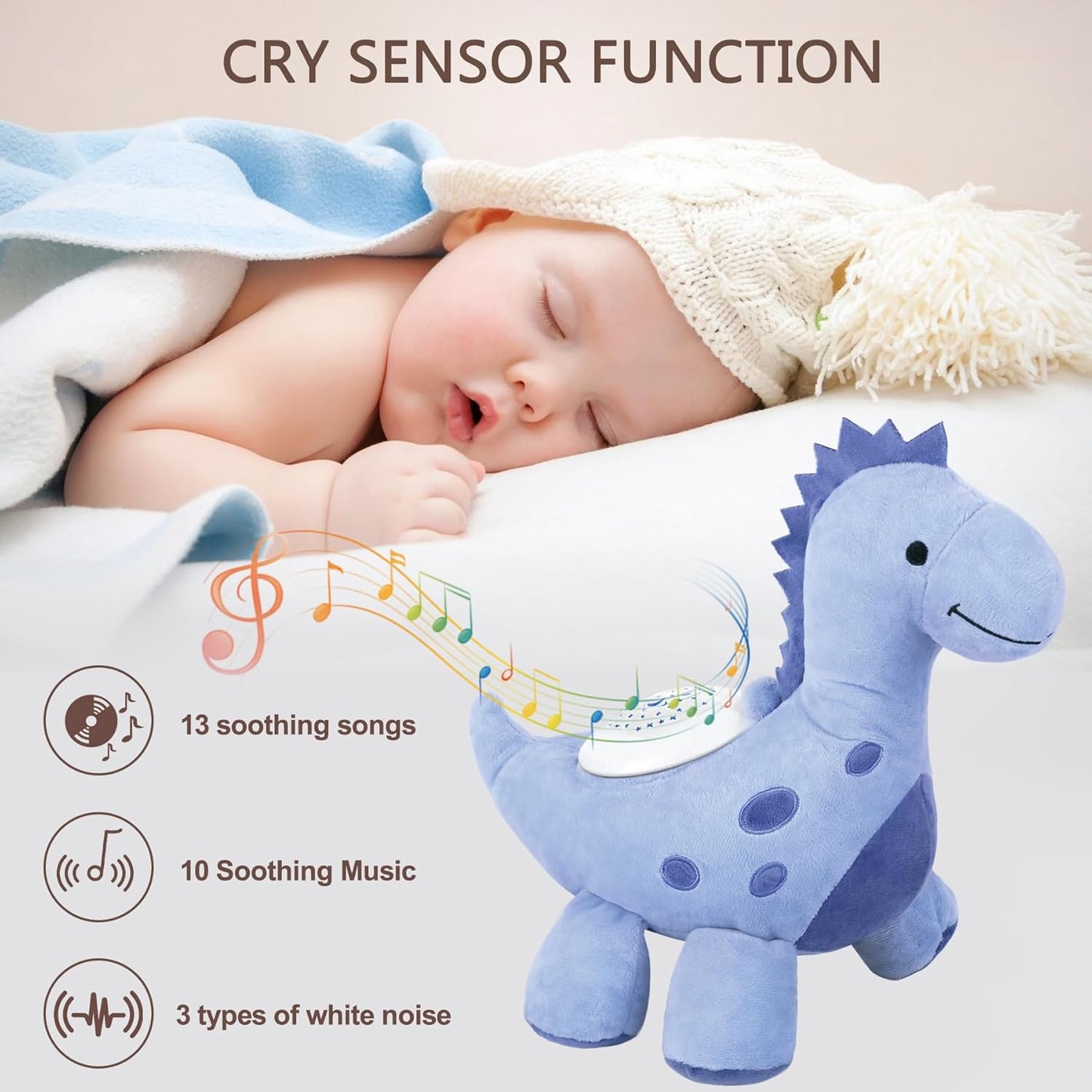 Baby Sleep Soother Cry Sensor Dinosaur Night Light Projector Baby Sound Machine Plush Stuffed Animal Toys for Boys Girls Pillow Ceiling for Toddler Lullabies & White Noise Sound