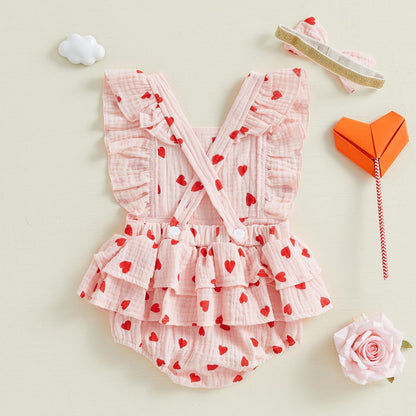 Baby Girls Flutter Sleeve Ruffles Layered Romper Dress Cute Patterns Printed Holiday Outfit with Headband