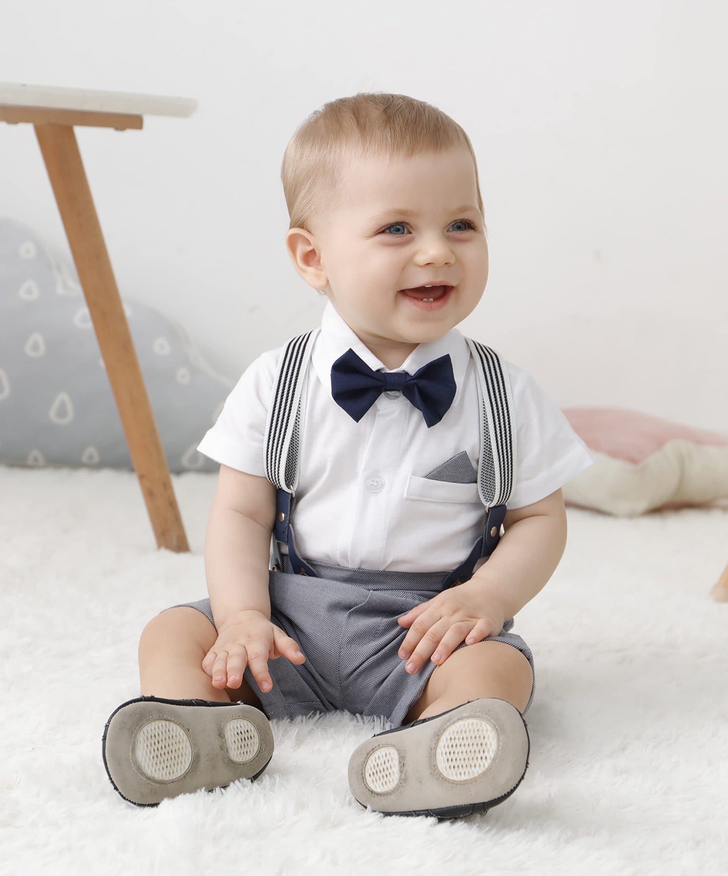 YUEMION Infant Baby Boy Clothes Gentleman Outfits Suits Summer Short Sleeve Bowtie Bodysuit Shirts + Suspender Shorts(0-24M)