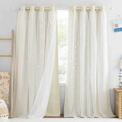 NICETOWN Nursery Curtains for Kids, Farmhouse Blackout Curtain Panels for Bedroom, Double Layer Star Hollow-Out Grommet Aesthetic Living Room Toddler Window Curtains, 2 Pcs, W52 x L84, Biscotti Beige