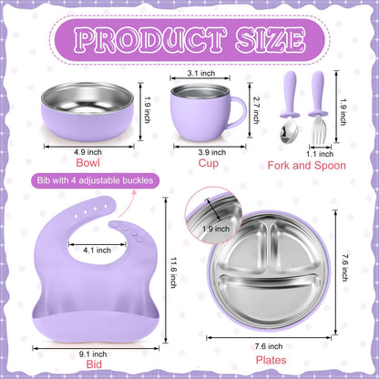 Nuogo 6 Pcs 304 Stainless Steel Kids Plates and Bowls Set Stainless Steel Suction Bowls and Toddler Cup with Removable Silicone, Forks Spoons Pocket Bib for Baby Toddle(Pink,Round)