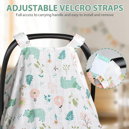 Muslin Baby Car Seat Cover, Breathable Infant Car Seat Cover Lightweight Carseat Canopy Covers for Babies, Universal Fit Stroller Cover for Summer Spring/Hot Days/Warm Weather