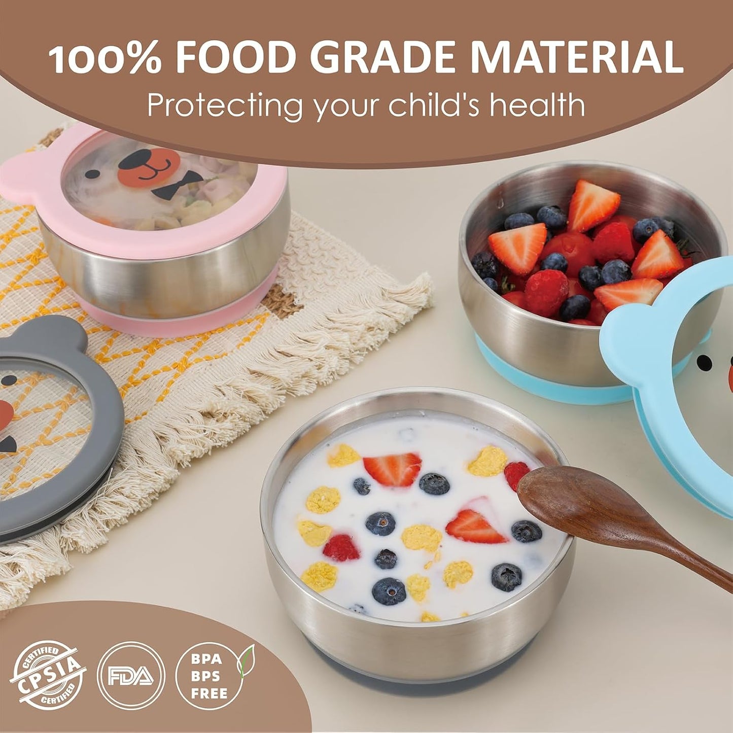 MR. CHOU Baby Bowls with Non-Slip Silicone Suction Cup, Insulated Double-Layer 304 Stainless Steel Toddler Bowls with BPA Free Airtight Lids, Food-Grade Silicone Safe for Kids (Blue)