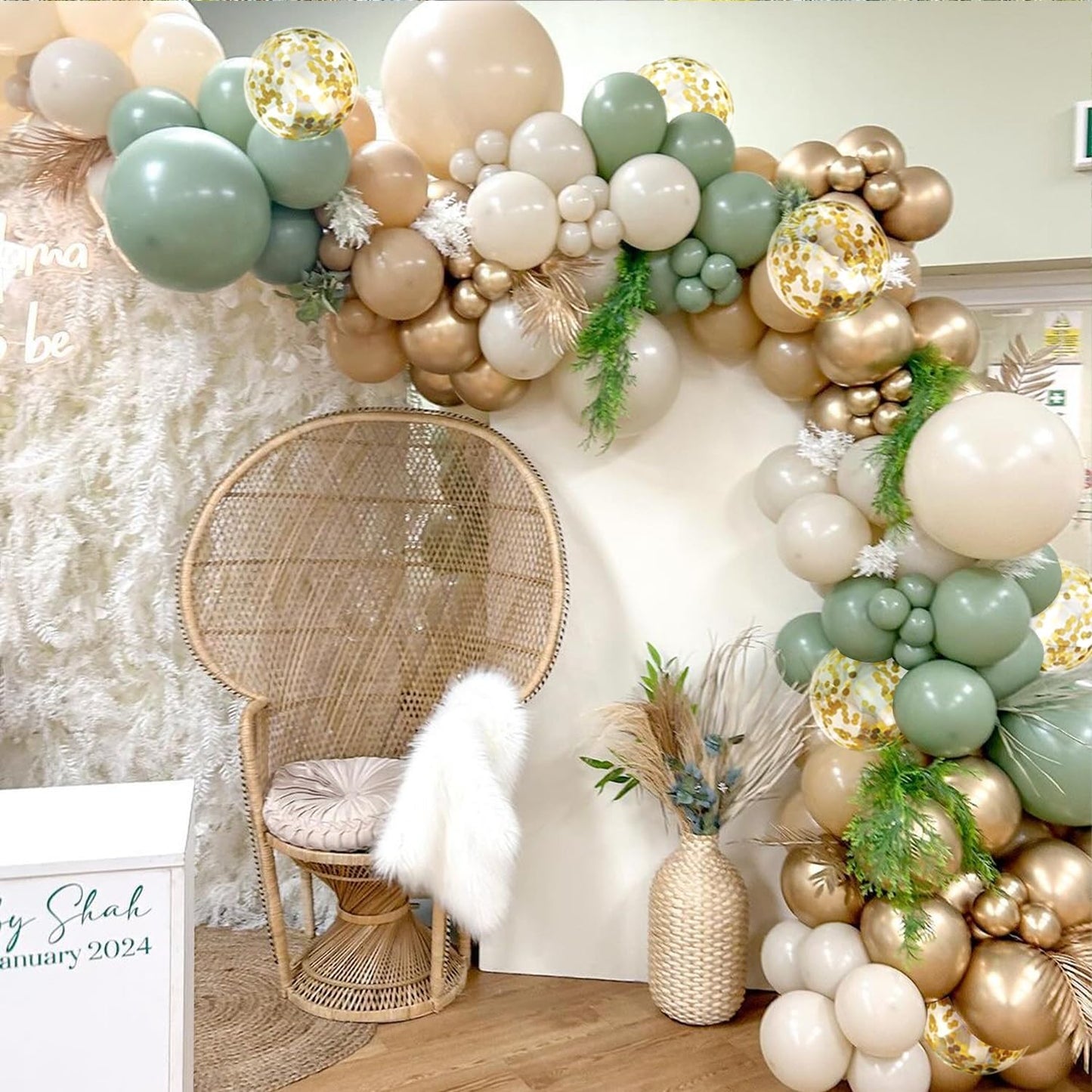 Sage Green Pink Balloon Arch Kit, Olive Green Light Pink Sand White Blush Metallic Gold Balloons with Gold Confetti Balloons for Girl Birthday Woodland Baby Shower Jungle Safari Decorations