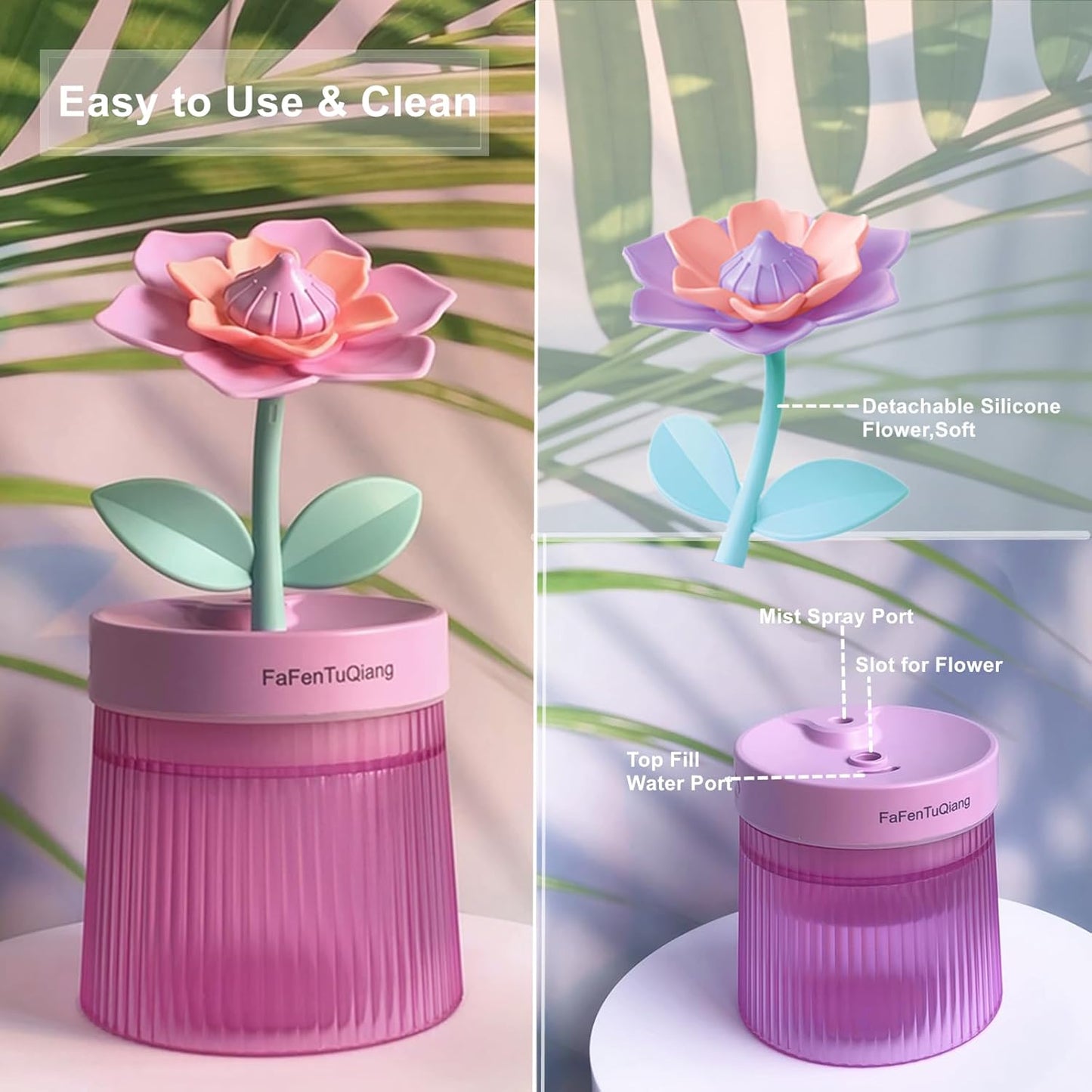 Desk Mini Humidifier,Personal Small Humidifier Diffuser 260ml Portable,Cute,Flower,Quiet,Cool Mist, Auto Off,Colorful Light,Top Fill Air Humidifier for Plants Bedroom Baby Room Office Travel Home