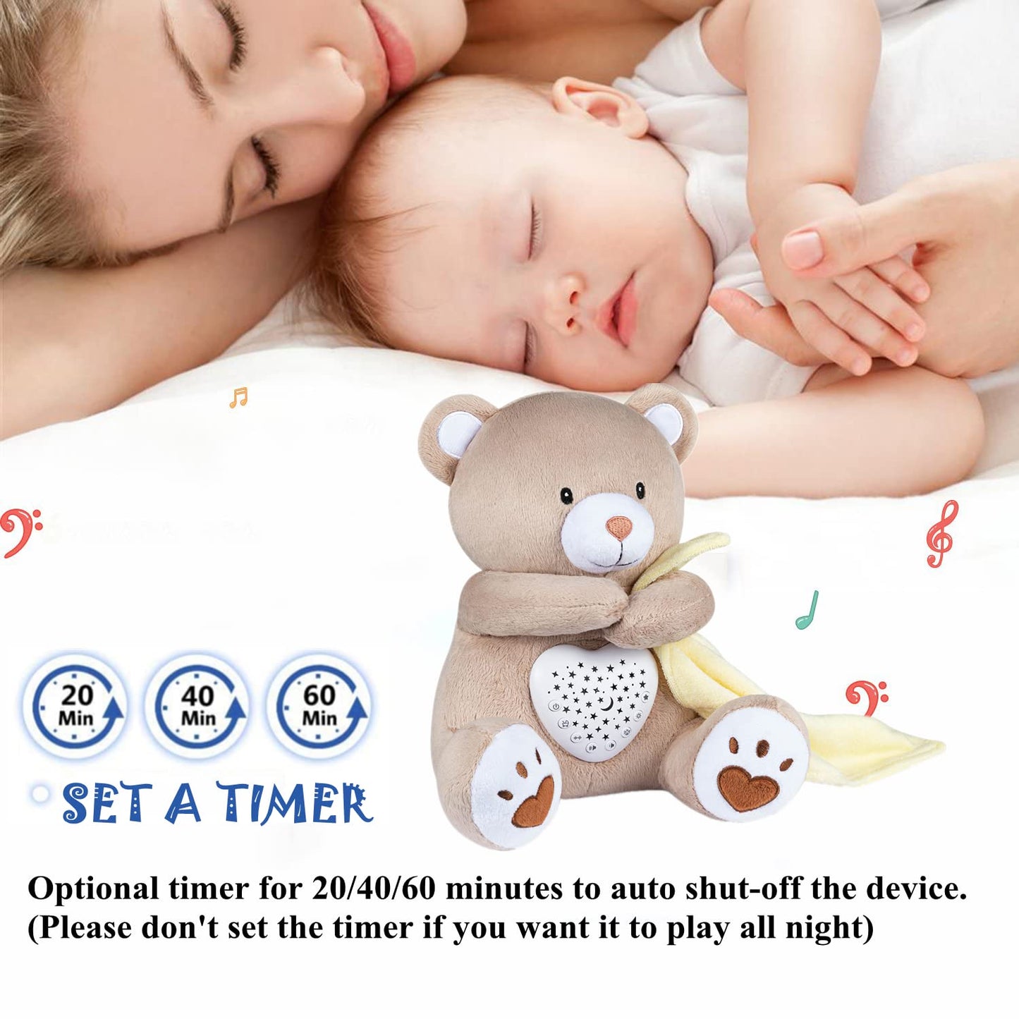 BEREST Baby Sleep Soother Bedtime Bunny with Starry Projector Night Light, Plush Stuffed Animal for Newborn Infants, Lullaby Music, White Noise, Mother's Heartbeat for Boys & Girls Shower Gifts