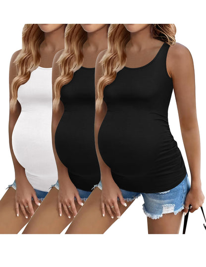 Ekouaer 3 Pack Women Maternity Tank Tops Ruch Side Basic Shirts Summer Postpartum Tops Sleeveless Pregnancy Workout Clothes