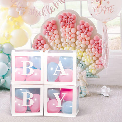 Baby Boxes with Letters for Baby Shower Decorations, Gender Reveal with 4 Pastel Balloon Boxes