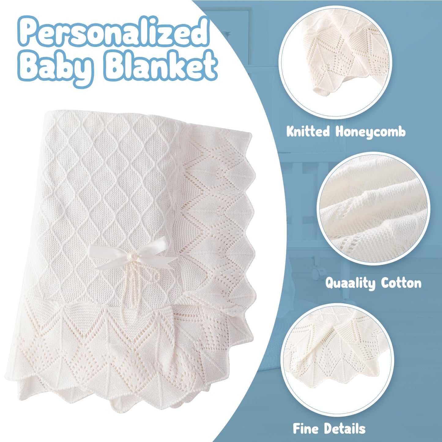 Booulfi Knit White Baby Blankets Neutral,Crib Stroller Newborn Blankets for Boys Girls,Cotton Lace Crochet Winter Blanket Nursery Blanket New Baby Essentials, 38X39