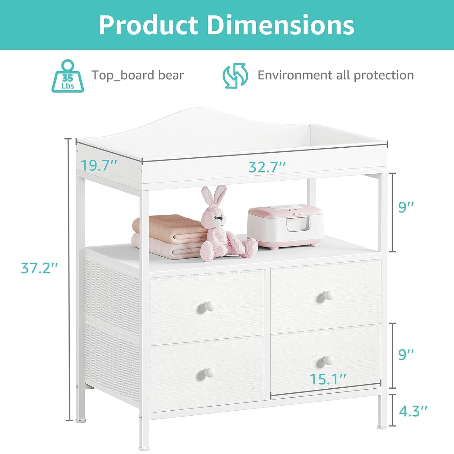 BOLUO White Changing Table with Drawers Fabric Baby Dresser with Changing Table Top Diaper Changing Station with Storage Shelf for Nursery Modern