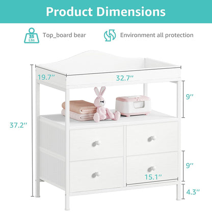 BOLUO White Changing Table with Drawers Fabric Baby Dresser with Changing Table Top Diaper Changing Station with Storage Shelf for Nursery Modern