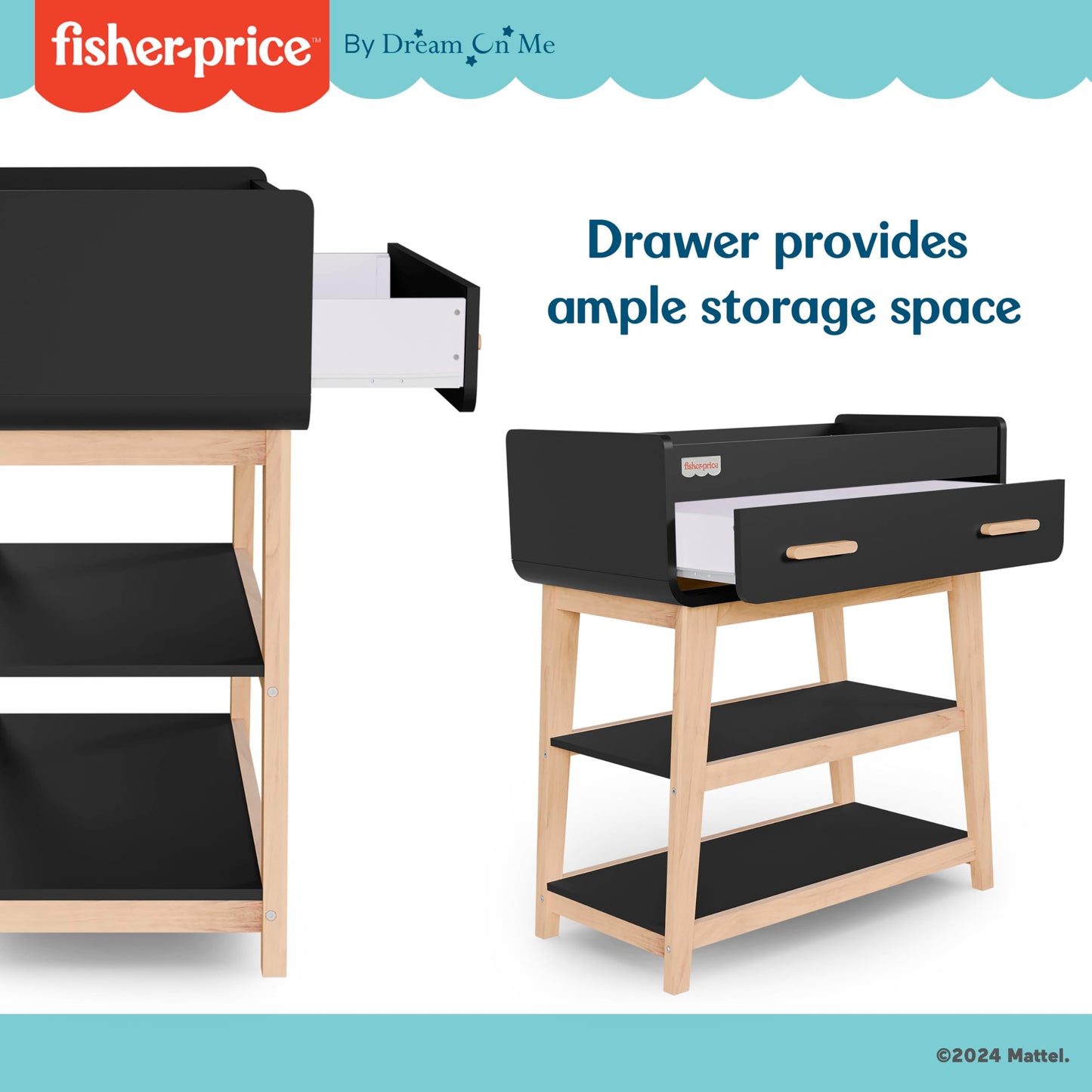 Fisher-Price Iris/Siesta Changing Table by Dream On Me, Blush Pink, JPMA & Greenguard Gold Certified, with a Bottom Closed Drawer and Two Open Shelves for Storage