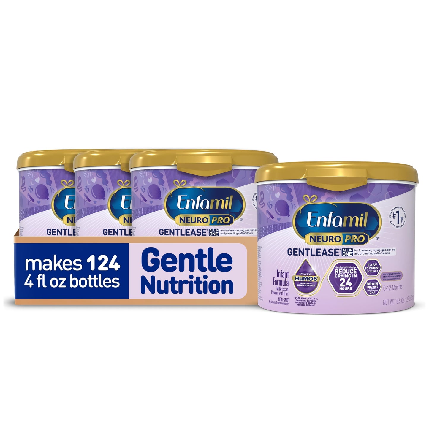 Enfamil NeuroPro Gentlease Baby Formula, Brain Building DHA, HuMO6 Immune Blend, Designed to Reduce Fussiness, Crying, Gas & Spit-up in 24 Hrs, has Prebiotics to Promote Softer Stools, Reusable Tub, 19.5 Oz