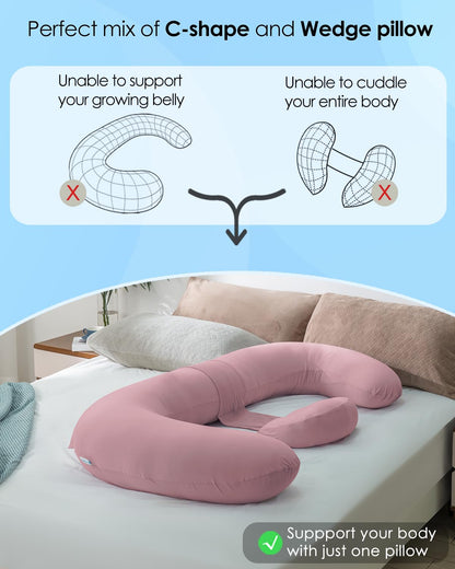 QUEEN ROSE Cooling Pregnancy Pillows,E Shaped Full Body Pillow for Sleeping, with Pregnancy Wedge Pillow for Belly Support, 60 Inch Maternity Pillow for Side Sleeper, Cooling Rayon Cover, Purple