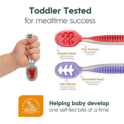 NumNum Baby Spoons Set, Baby Essentials Pre-Spoon GOOtensils for 6+ Months, First Stage Self-Feeding Spoons for Baby Led Weaning (BLW), Silicone Toddler Utensils, BPA-Free, 2 Pack Frosty Lilac/Rosebud