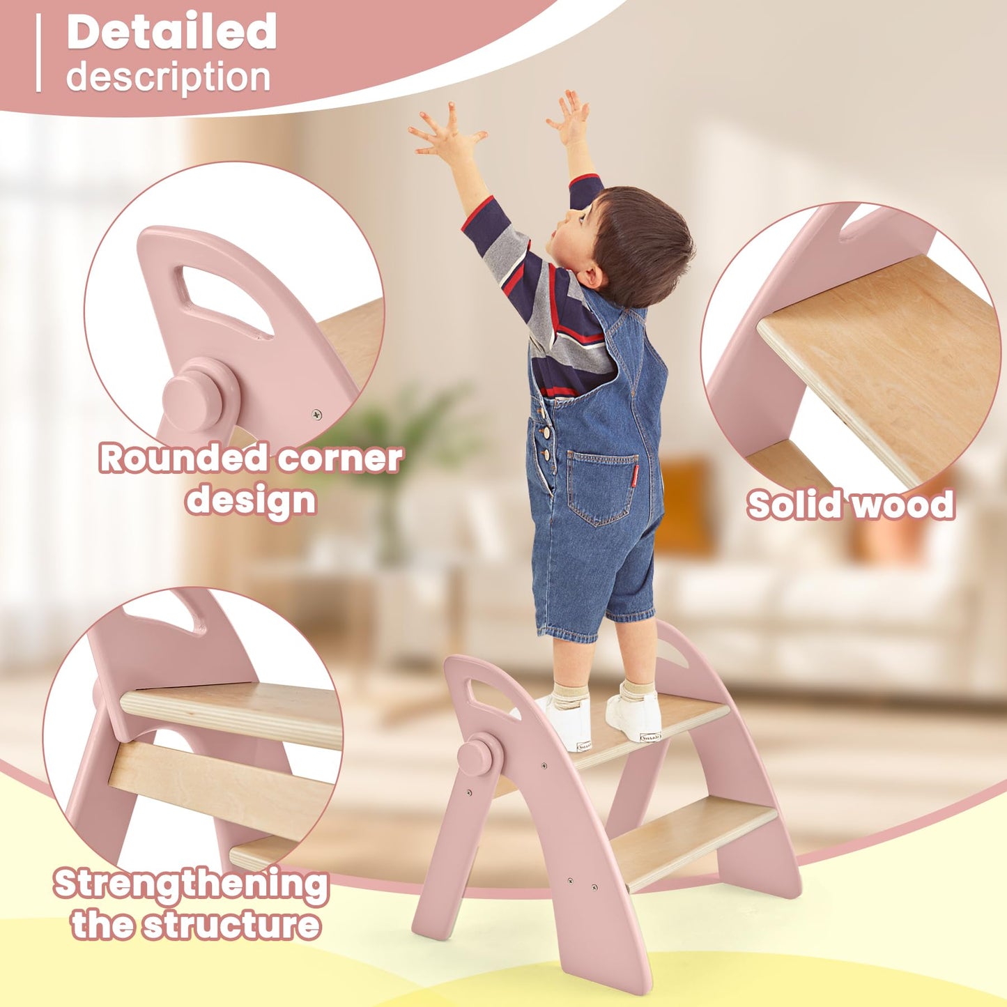 Wooden Step Stool, Two Step Stools, 300 lb. Load Capacity, with Safety Non-Slip Pads and Handles, Bamboo Step Stool for Bathroom and Kitchen, Children's Double Height Step Stools(Pink)