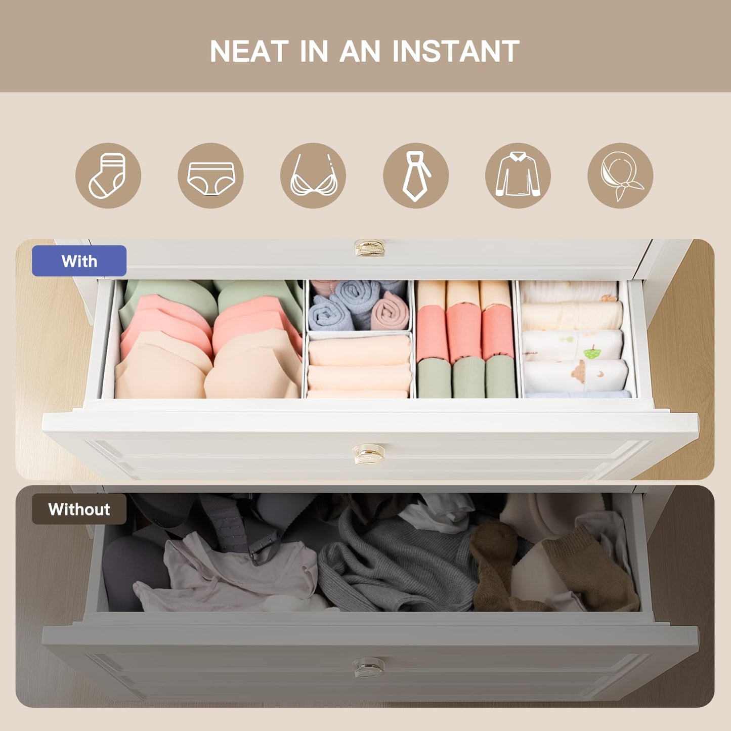 Criusia Drawer Organizer Clothes, 10 Pack Dresser Organizer for Baby Clothes, Underwear, Sock- Foldable Closet Organization and Storage Dividers Bins for Nursery, Bedroom (Beige)