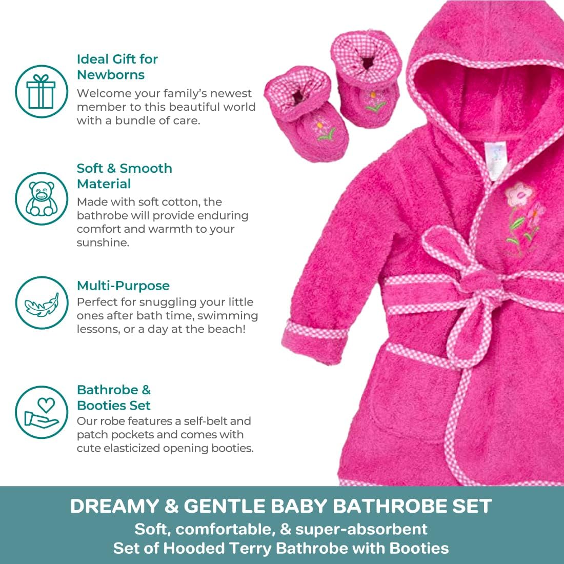 Spasilk 100% Cotton Hooded Terry Bathrobe with Booties, Pink Flower, One Size