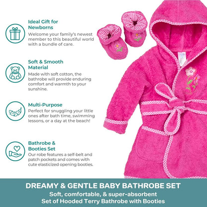Spasilk 100% Cotton Hooded Terry Bathrobe with Booties, Pink Flower, One Size