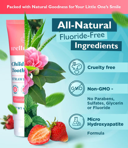 Wellnesse Kids Hydroxyapatite Toothpaste with Xylitol - Fluoride Free Toddler & Children's Natural Toothpaste, Freshens Breath, Sensory-Friendly Oral Care, Vegan, Strawberry Flavor, 4 oz (Pack of 1)