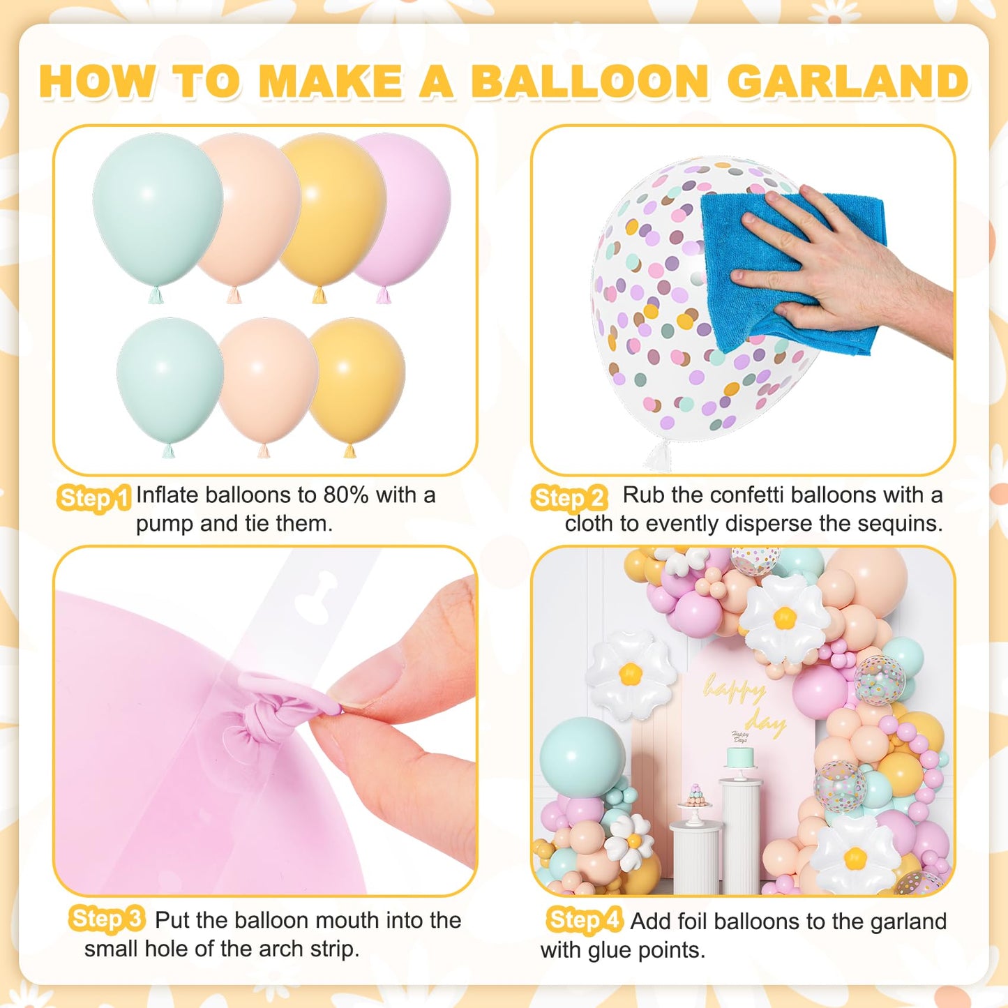 168Pcs Daisy Balloon Arch Garland Kit, Pastel Blue Orange Yellow Purple Confetti Daisy Wild Flower Balloons for Boho Two Groovy One Birthday Floral Girl Baby Shower Spring Wedding Party Decorations