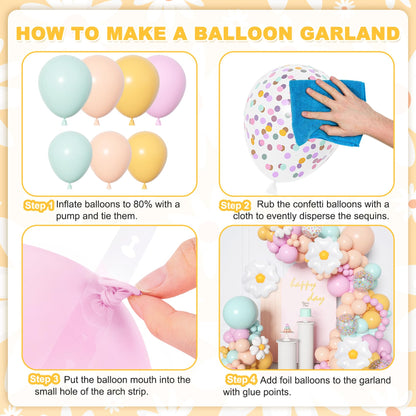 168Pcs Daisy Balloon Arch Garland Kit, Pastel Blue Orange Yellow Purple Confetti Daisy Wild Flower Balloons for Boho Two Groovy One Birthday Floral Girl Baby Shower Spring Wedding Party Decorations