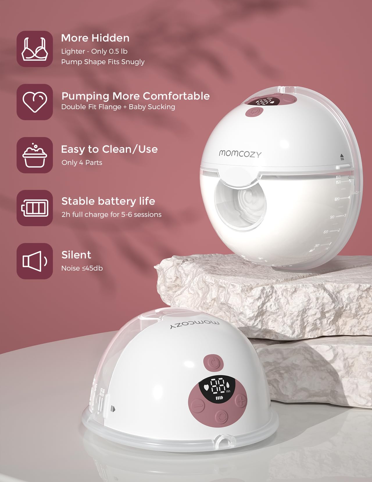 Momcozy M5 Hands-Free Wearable Breast Pump, Double-Sealed Flange for Baby-Like Comfort, 3 Modes & 9 Suction Levels, Portable Electric Pump – 24mm, 2-Pack Quill Gray