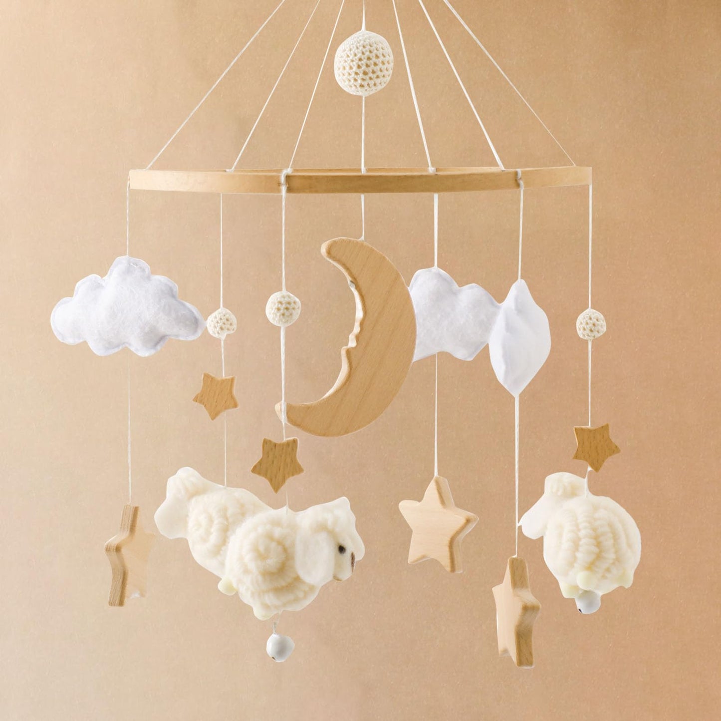 2025 Bohemia Theme Baby Mobile - Mobile for Crib, Crib Mobile for Boys and Girls, Nursery Decor Mobile, Clouds Moon Sheep Pendant Nursery Decor (Beige)
