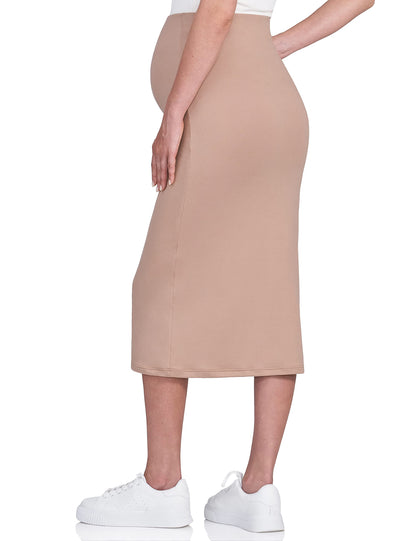 POSHDIVAH Women's Maternity Skirt Over The Belly Midi High Waisted Solid Stretchy Pregnancy Pencil Skirt