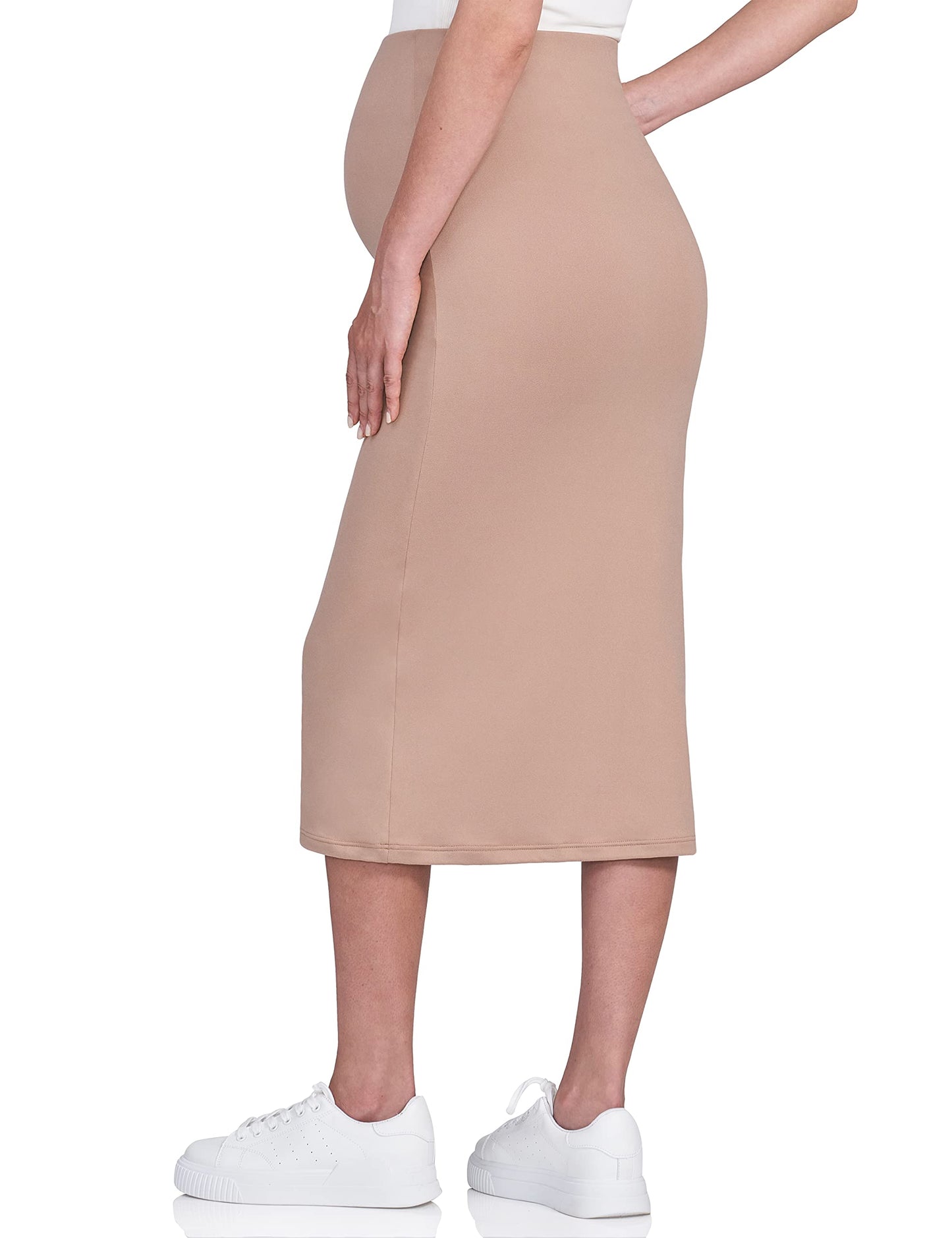 POSHDIVAH Women's Maternity Skirt Over The Belly Midi High Waisted Solid Stretchy Pregnancy Pencil Skirt
