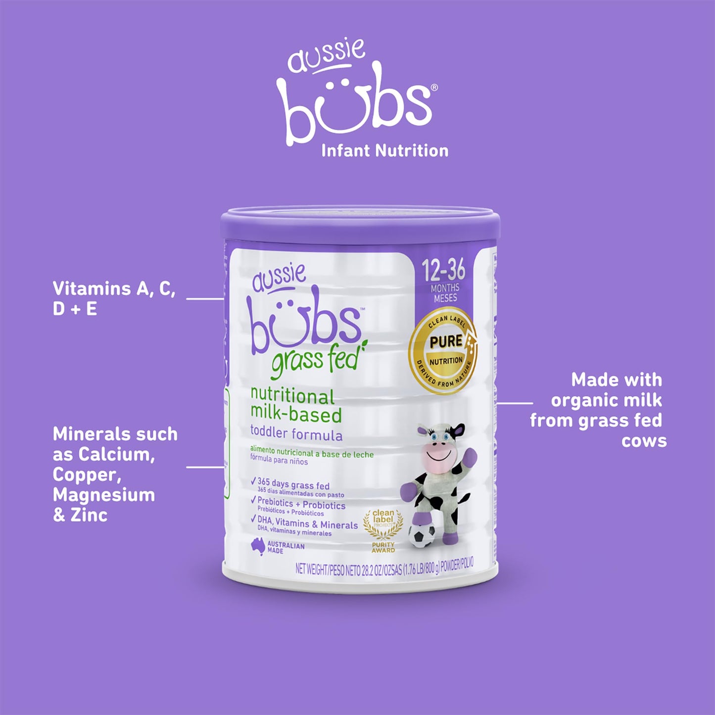 Bubs 365 Day Grass Fed Infant Formula with Iron, Cow Milk-Based Powder for Infants 0-12 Months, Made with Non-GMO Milk, 20 oz
