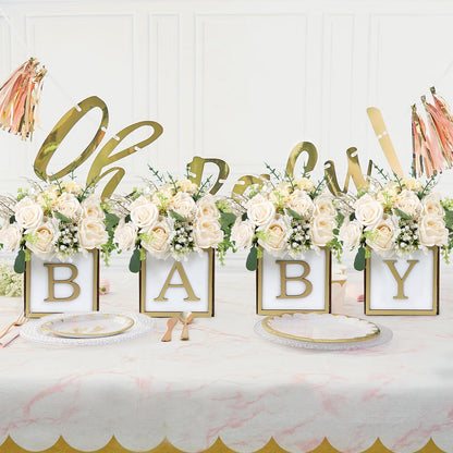 4 Set Baby Shower Centerpieces for Tables - 6 inch Wooden Boxes with Baby Letters Rustic Cube Planter Wood Blocks for Boy Girl Gender Reveal Party Favor (Blue)
