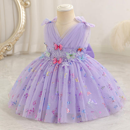 IDOPIP Toddler Baby Girls Shiny Butterfly Tutu Dress Princess Birthday Party Pageant Flower Girl Wedding V-Backless Dresses