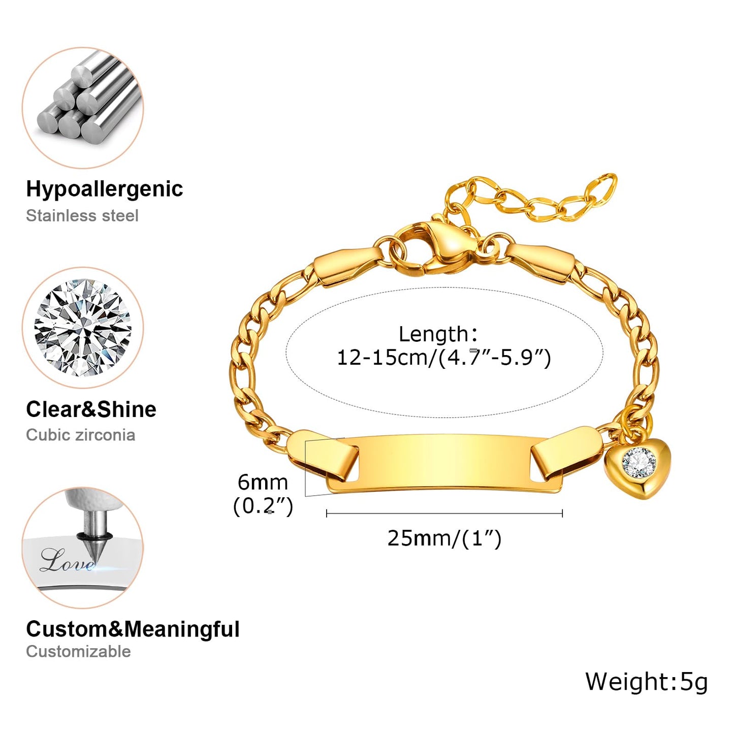 Personalized Baby Name Bar Bracelet: 18K Gold-Plated Custom Engraved ID Kids Charm Bracelets Jewelry Infant Girls Boys Toddler, Birthday Back to School Gifts Preppy Stuff for Daugther Son