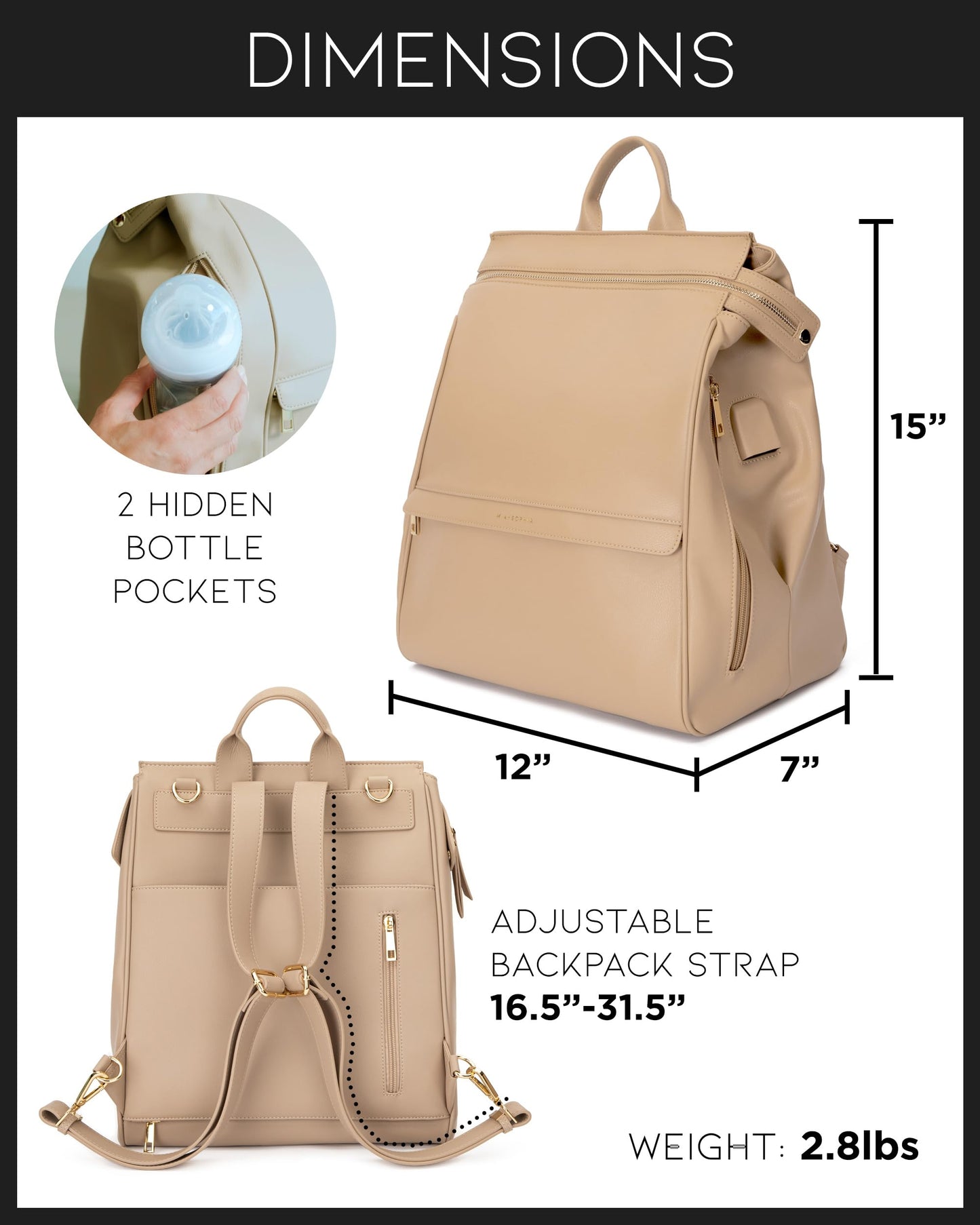 Leather Diaper Bag Backpack with USB Charging port, Changing Pad, Stroller Straps, and Bottle Holder (Brown Olivia)