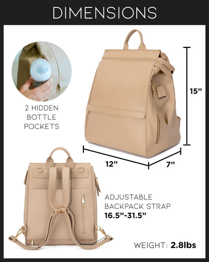 Leather Diaper Bag Backpack with USB Charging port, Changing Pad, Stroller Straps, and Bottle Holder (Brown Olivia)