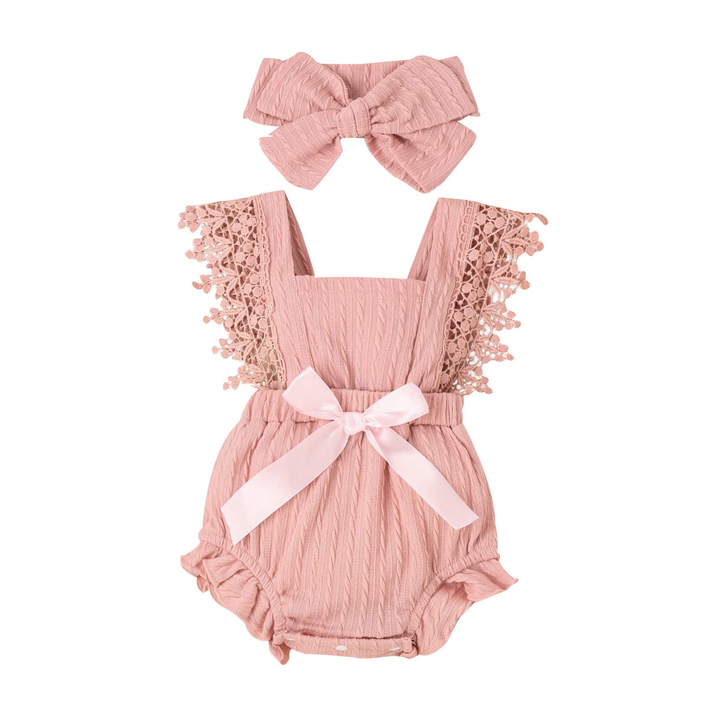 Newborn Baby Girl Lace Romper Ruffle Sleeveless Backless One Piece Jumpsuit Bodysuit with Headband Summer Clothes