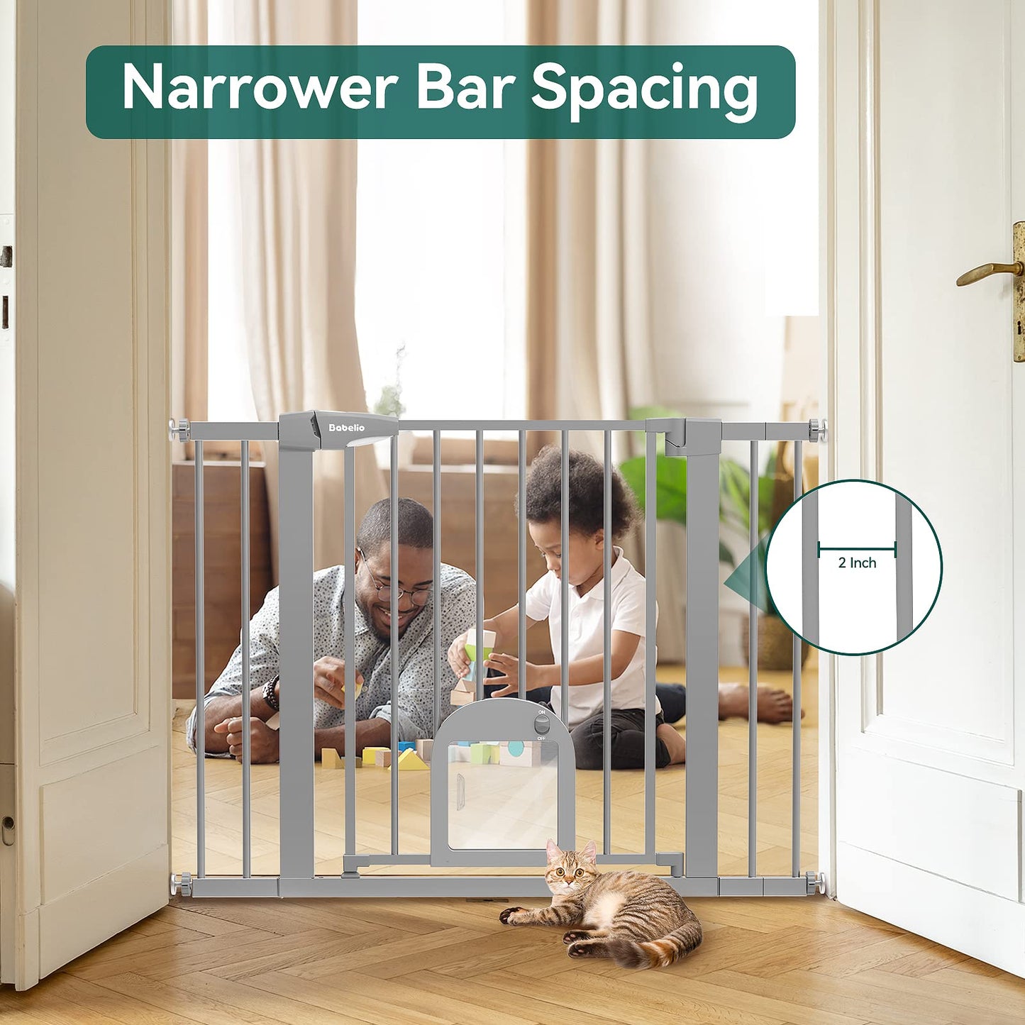 Babelio Upgraded Baby Gate with Cat Door, 29-43" Auto Close Durable Dog Gate for Stairs, Doorways and House, Easy Walk Thru Safety Gate with Pet Door Includes 4 Wall Cups, Black