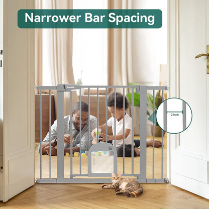 Babelio Upgraded Baby Gate with Cat Door, 29-43" Auto Close Durable Dog Gate for Stairs, Doorways and House, Easy Walk Thru Safety Gate with Pet Door Includes 4 Wall Cups, Black