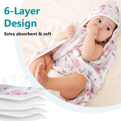 PHF 2 Pack Baby Hooded Towels, 100% Muslin Cotton Baby Bath Towel with Hood for Newborn, Infant, Toddler, Ultra Soft and Absorbent Baby Essentials Bath Towels for Girls, 32x32Inch, Floral