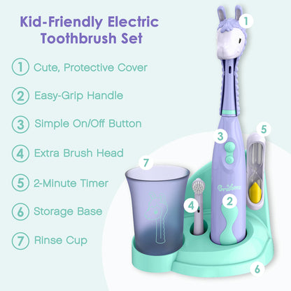 Brusheez Kids’ Electric Toothbrush Set - Safe & Effective for Ages 3+ - Parent Tested & Approved with Gentle Bristles, 2 Brush Heads, Rinse Cup, 2-Minute Timer, & Storage Base (Sparkle The Unicorn)